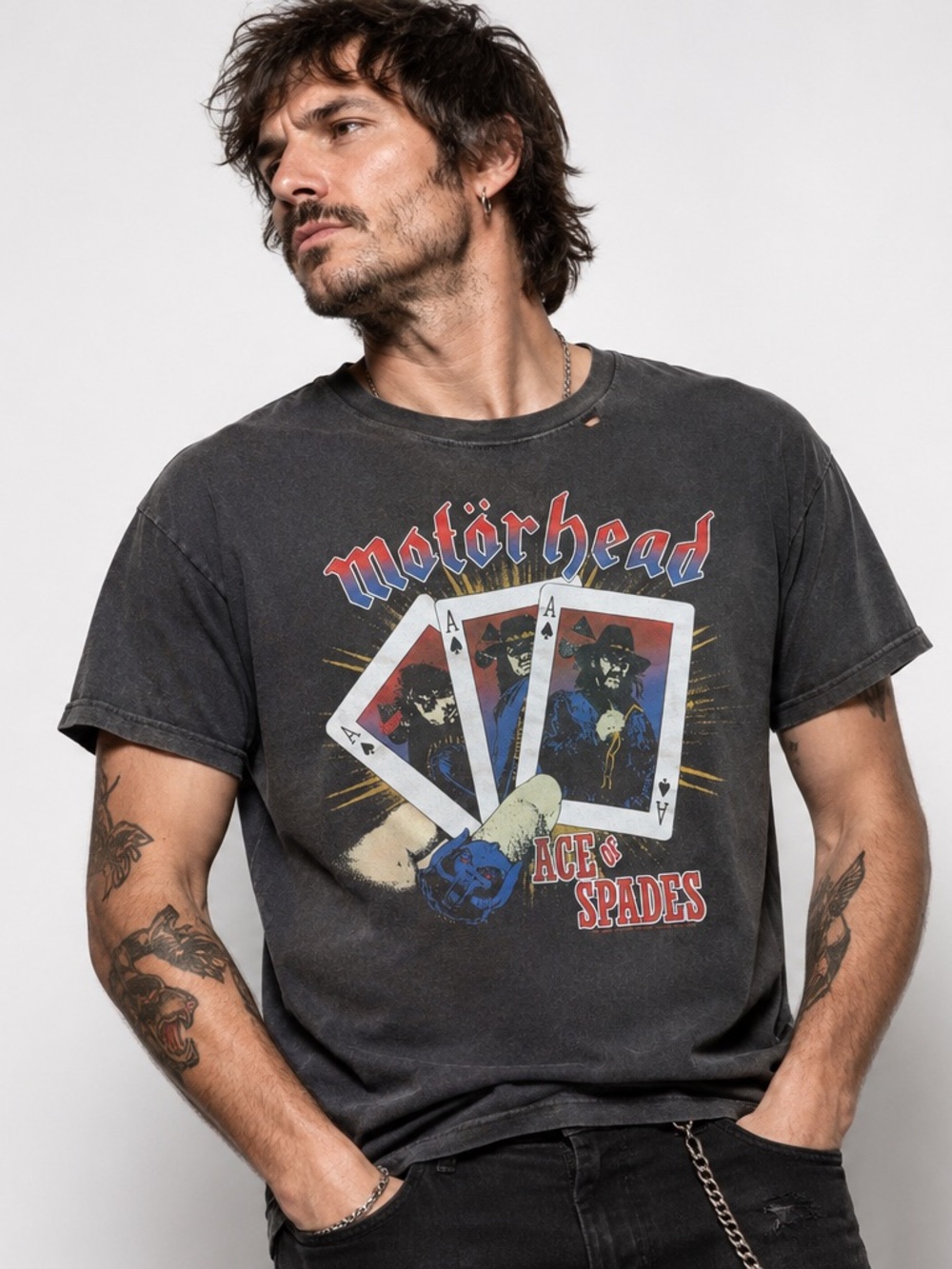 Motorhead Ace of Spades Official Band Tee Men’s Medium Distressed Acid Wash Gray